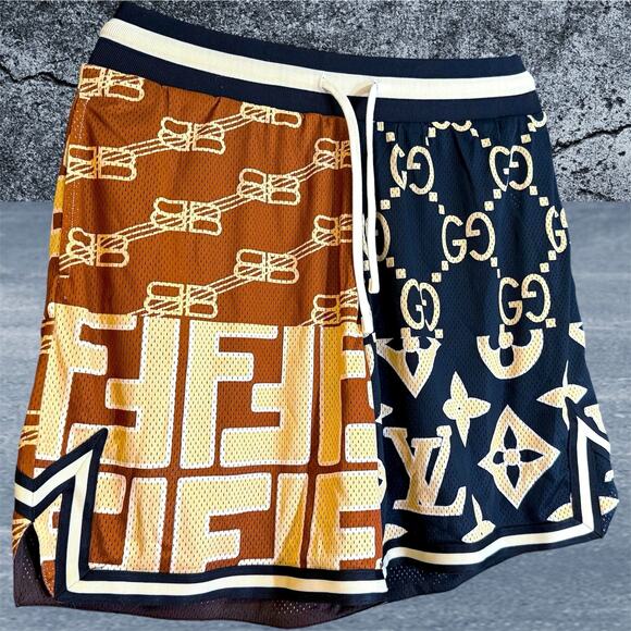 •NWT• SECRET CLUB OVERSIZED MONOGRAM
MESH SHORTS Large Gold/Brown • NEW - Picture 1 of 15